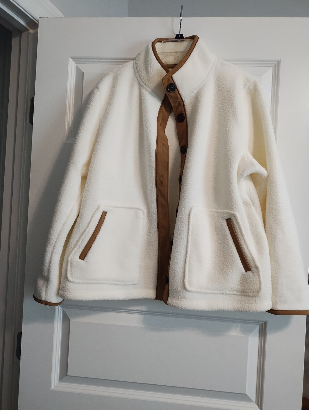 Croft & Barrow Cream Sherpa Faux Fur Button-Front Jacket with Brown Trim - Picture 6 of 10